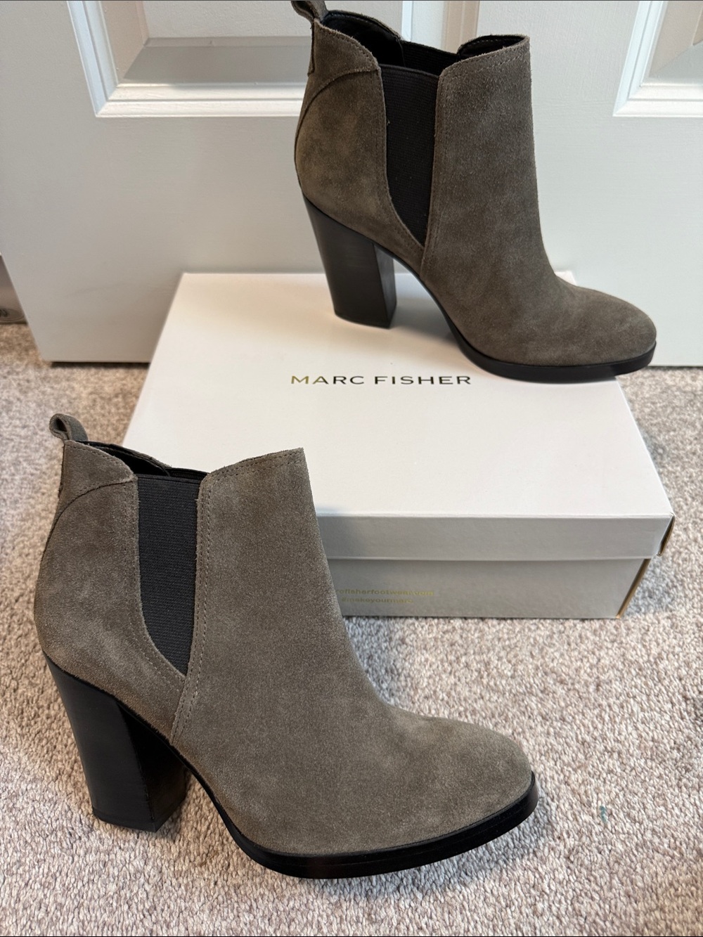 Marc Fisher Olive Gray Suede Chelsea Block Heel Booties